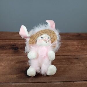 Annalee Fancy Bunny Plush Doll with Straw Hat Pink White Easter Decor‎
